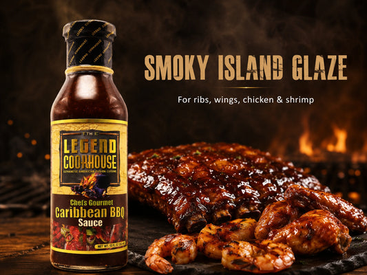 Legend Caribbean BBQ Sauce desktop hero image with bottle, smoky grilled ribs and island-style glaze cues.