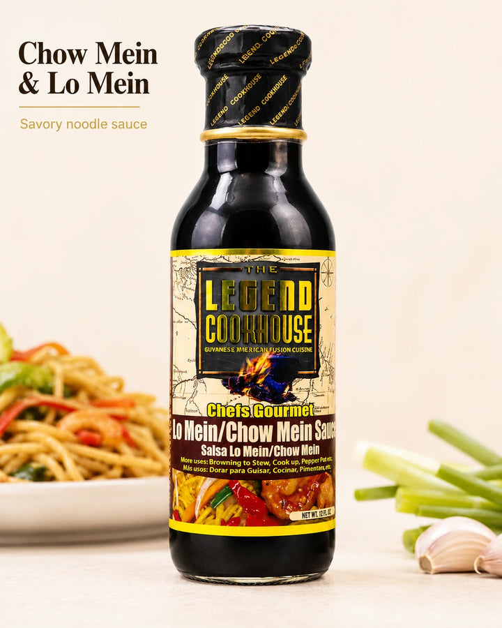 Legend Cookhouse Chow Mein and Lo Mein Sauce clean product card with subtle noodle cues and savory noodle sauce text.