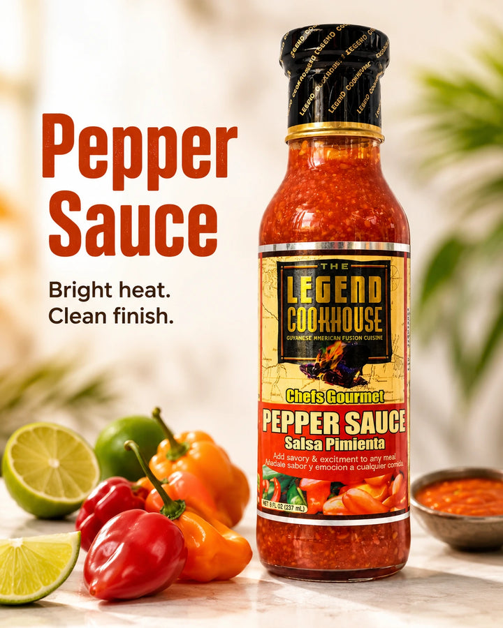 Legend Cookhouse Pepper Sauce clean product card with peppers, sauce texture, and bright heat clean finish text.