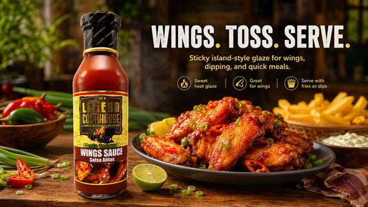 Legend Wings Sauce bottle with glossy sauced wings, peppers, scallions, citrus, fries, dip, and sauce toss serve callouts.