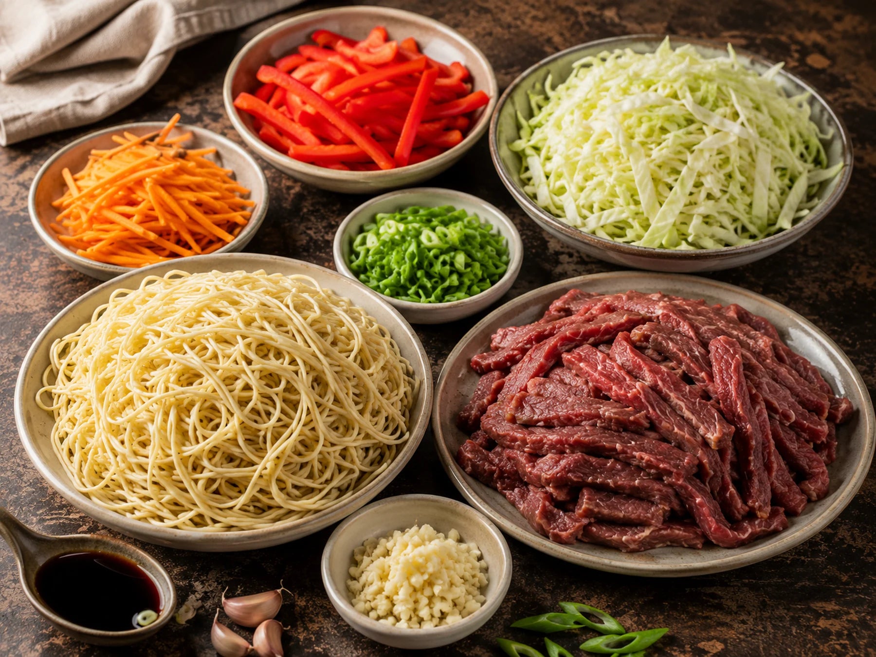 Prepared beef chow mein ingredients including noodles, vegetables, garlic, and sliced beef