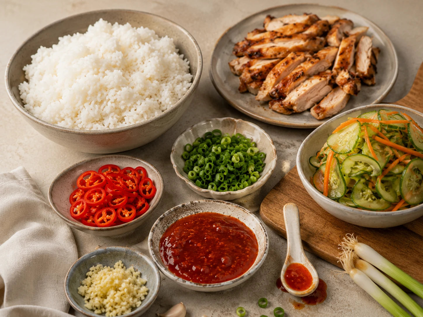 Prepared rice bowl ingredients including cooked rice, sliced chicken, cucumber, scallions, garlic, and pepper sauce