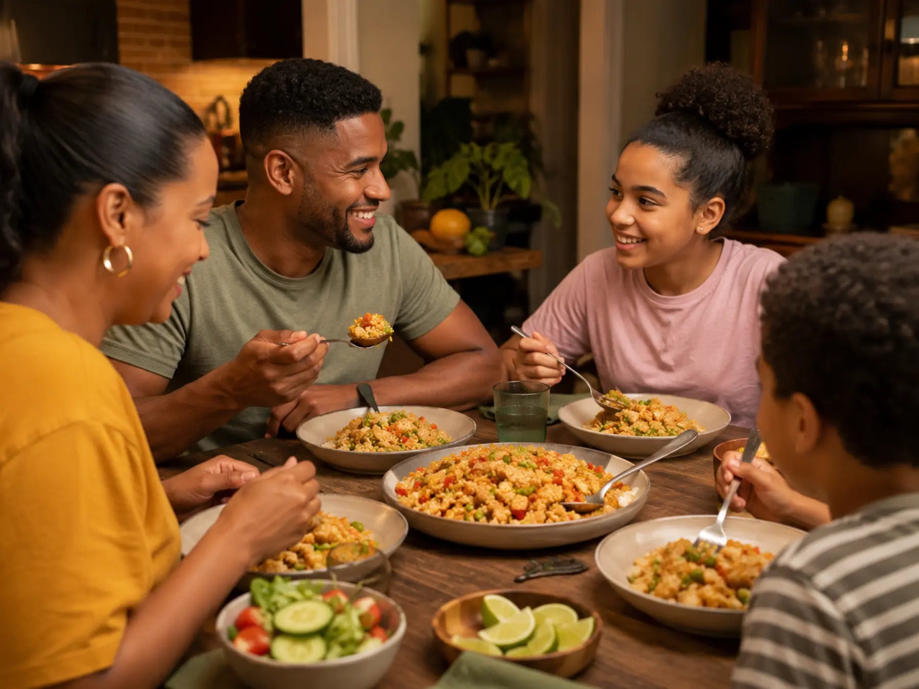Family sharing chicken fried rice around the dinner table