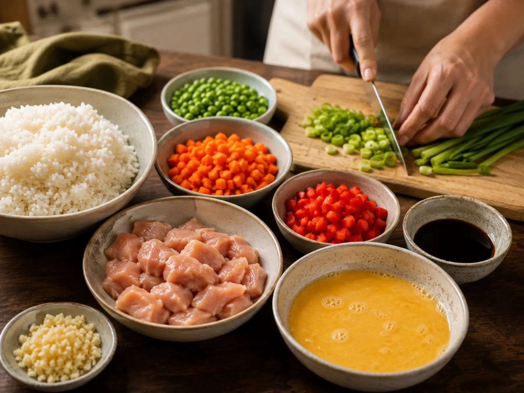 Prepared chicken fried rice ingredients with cold rice, chicken, eggs, peas, carrots, red pepper, garlic, and scallions