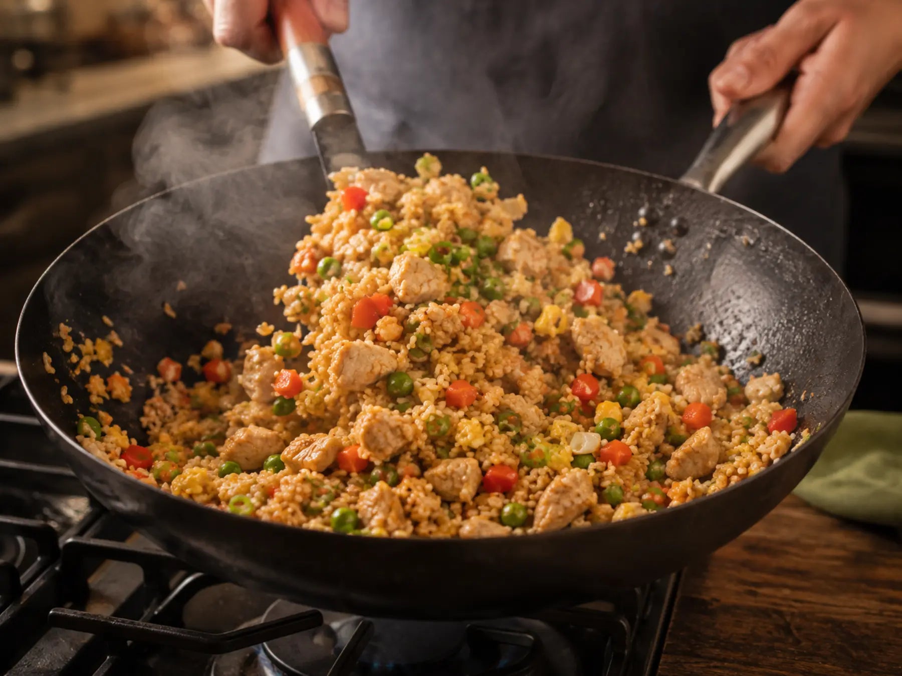 Chicken fried rice with vegetables being tossed in a hot wok