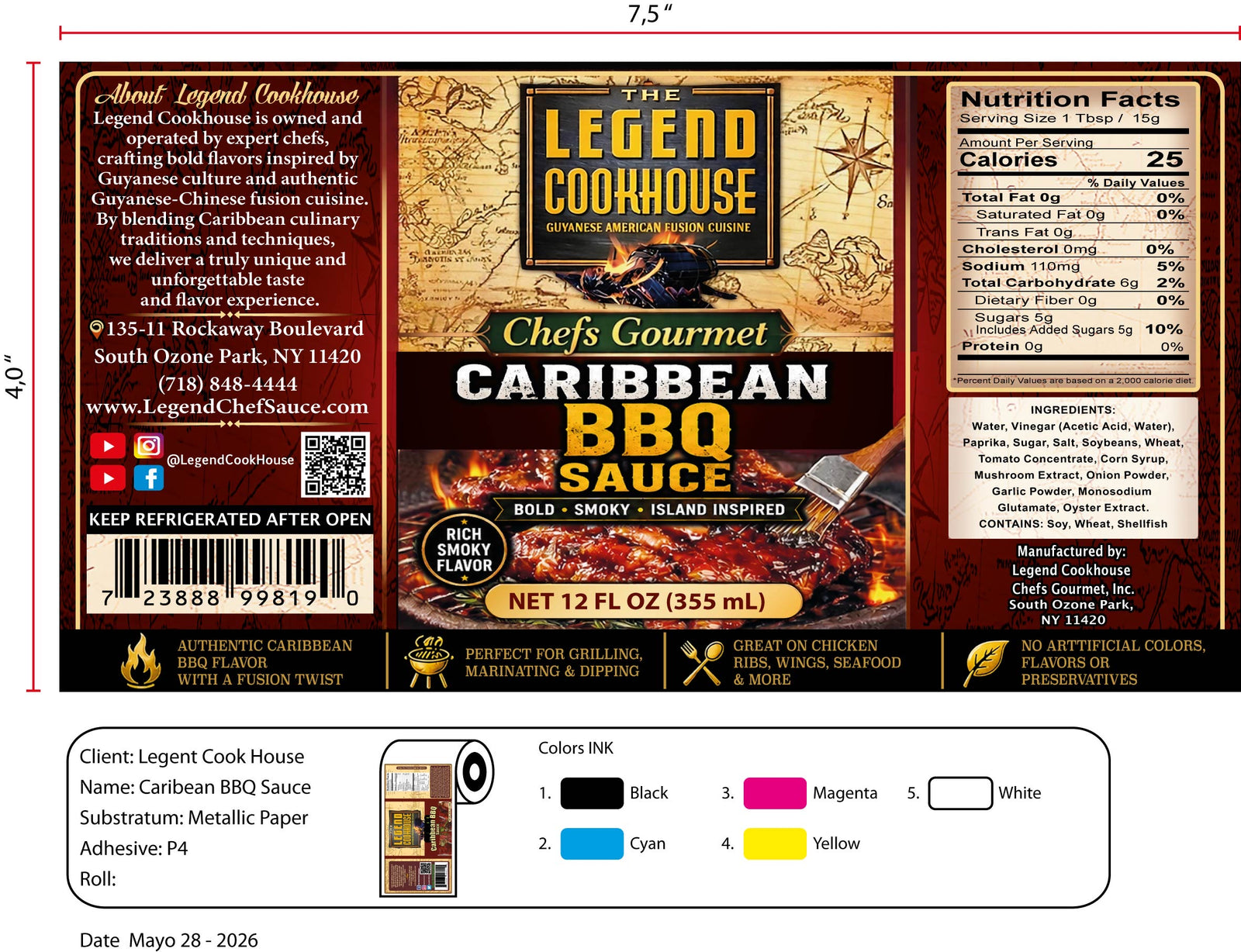 Legend Caribbean BBQ Sauce flat label reference showing nutrition facts, ingredients, barcode, storage note and 12 fl oz label artwork.
