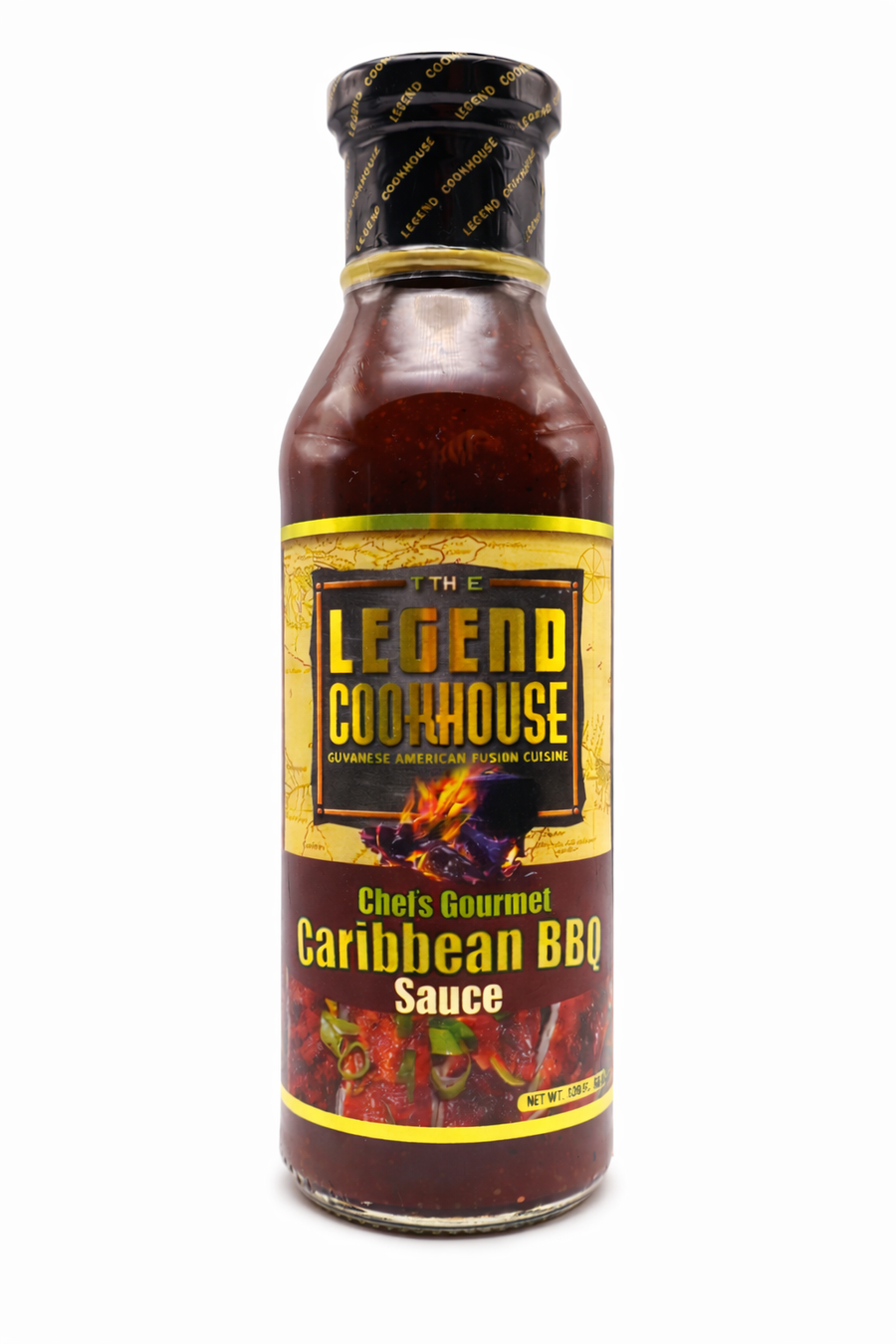 Legend Caribbean BBQ Sauce front bottle reference on a white background showing the front label and black Legend Cookhouse cap.
