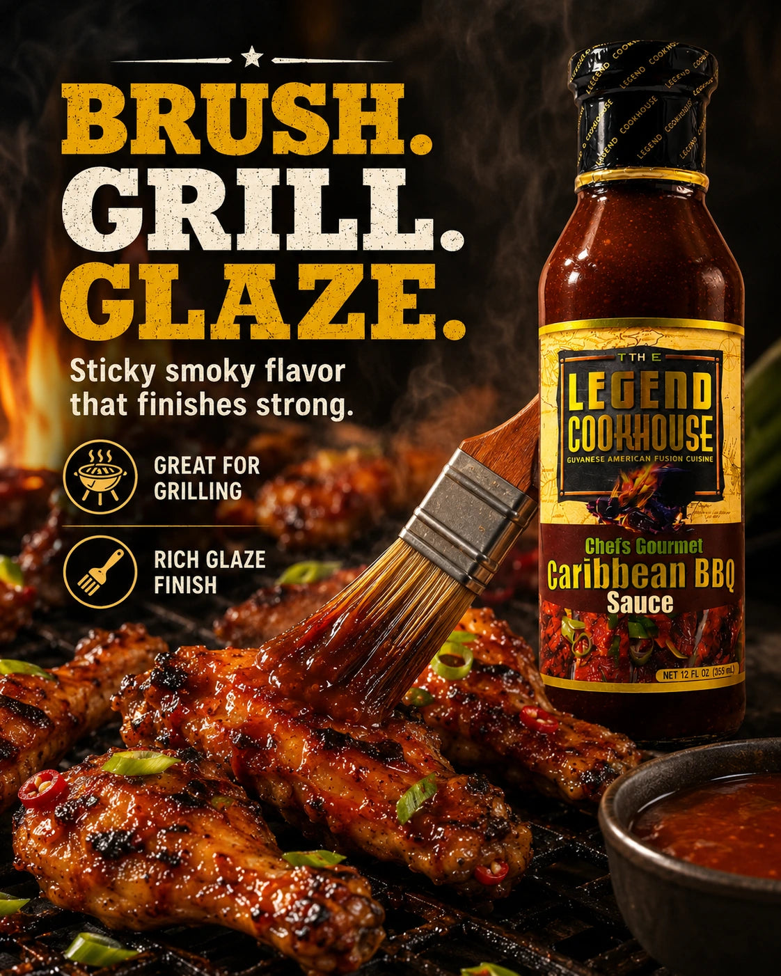 Legend Caribbean BBQ Sauce used to brush glossy BBQ glaze onto grilled food.
