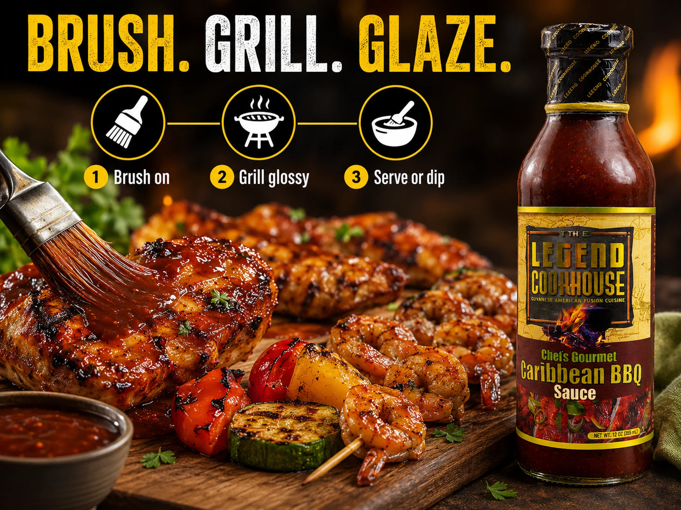 Legend Caribbean BBQ Sauce brushed onto grilled chicken, shrimp, or vegetables with a brush, grill, glaze how-to-use message.