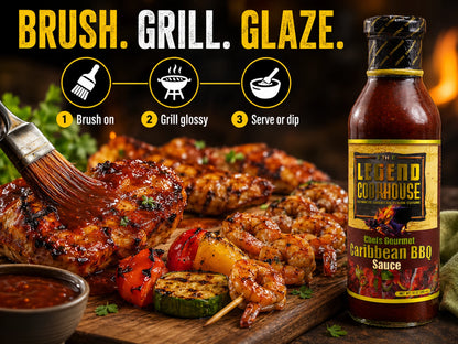 Legend Caribbean BBQ Sauce brushed onto grilled chicken, shrimp, or vegetables with a brush, grill, glaze how-to-use message.