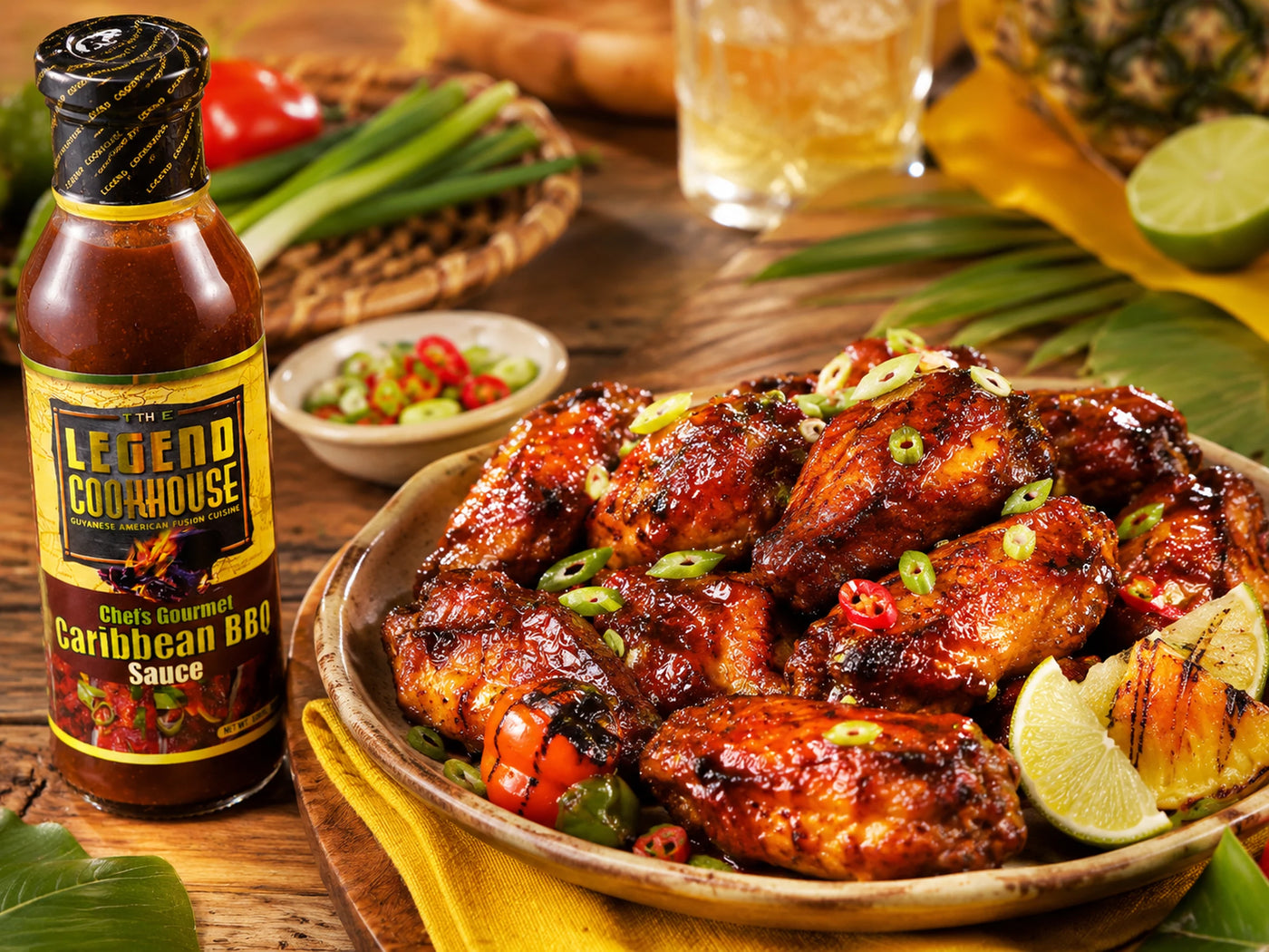 Glossy grilled chicken or wings with Legend Caribbean BBQ Sauce and warm island-style glaze.