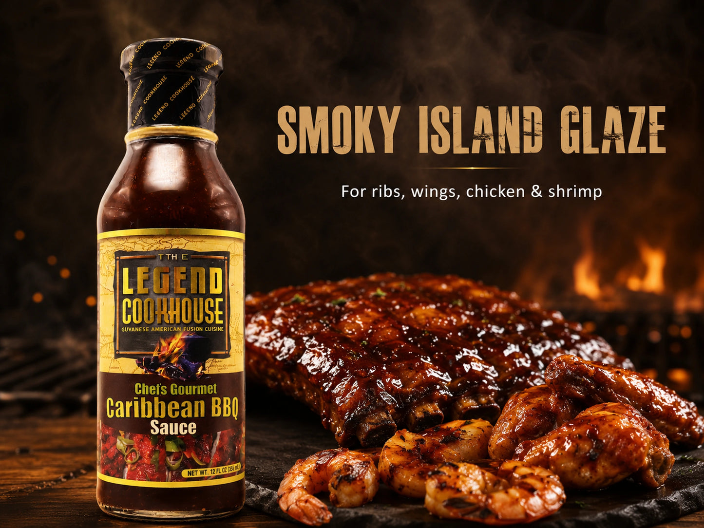 Legend Caribbean BBQ Sauce desktop hero image with bottle, smoky grilled ribs and island-style glaze cues.