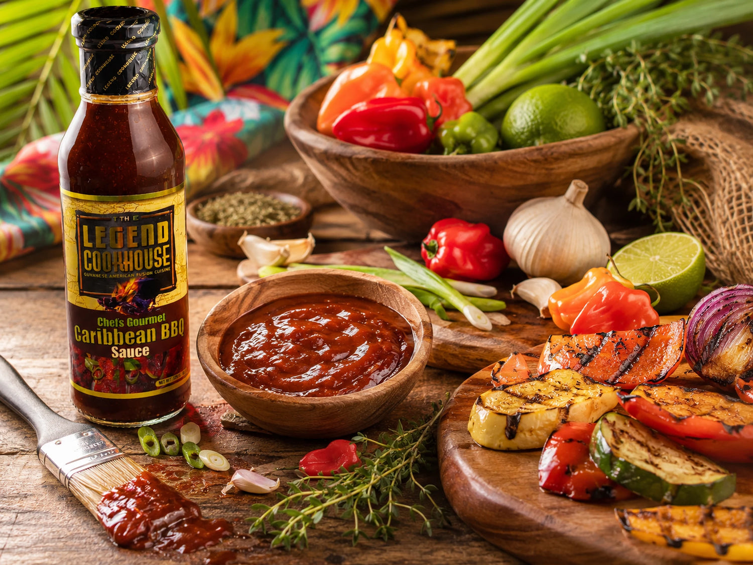 Legend Caribbean BBQ Sauce with island-style cooking ingredients, sauce glaze, herbs, peppers, citrus, and warm Caribbean-inspired flavor cues.