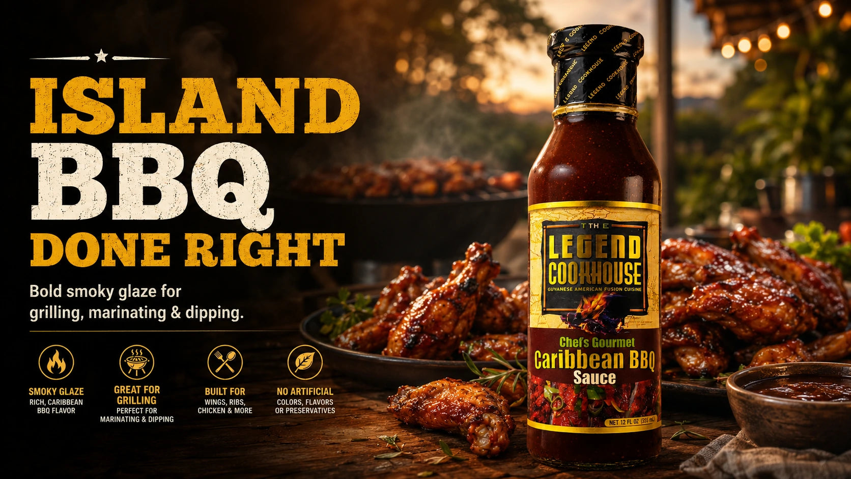 Legend Caribbean BBQ Sauce with grilled BBQ food in a warm homepage hero scene.