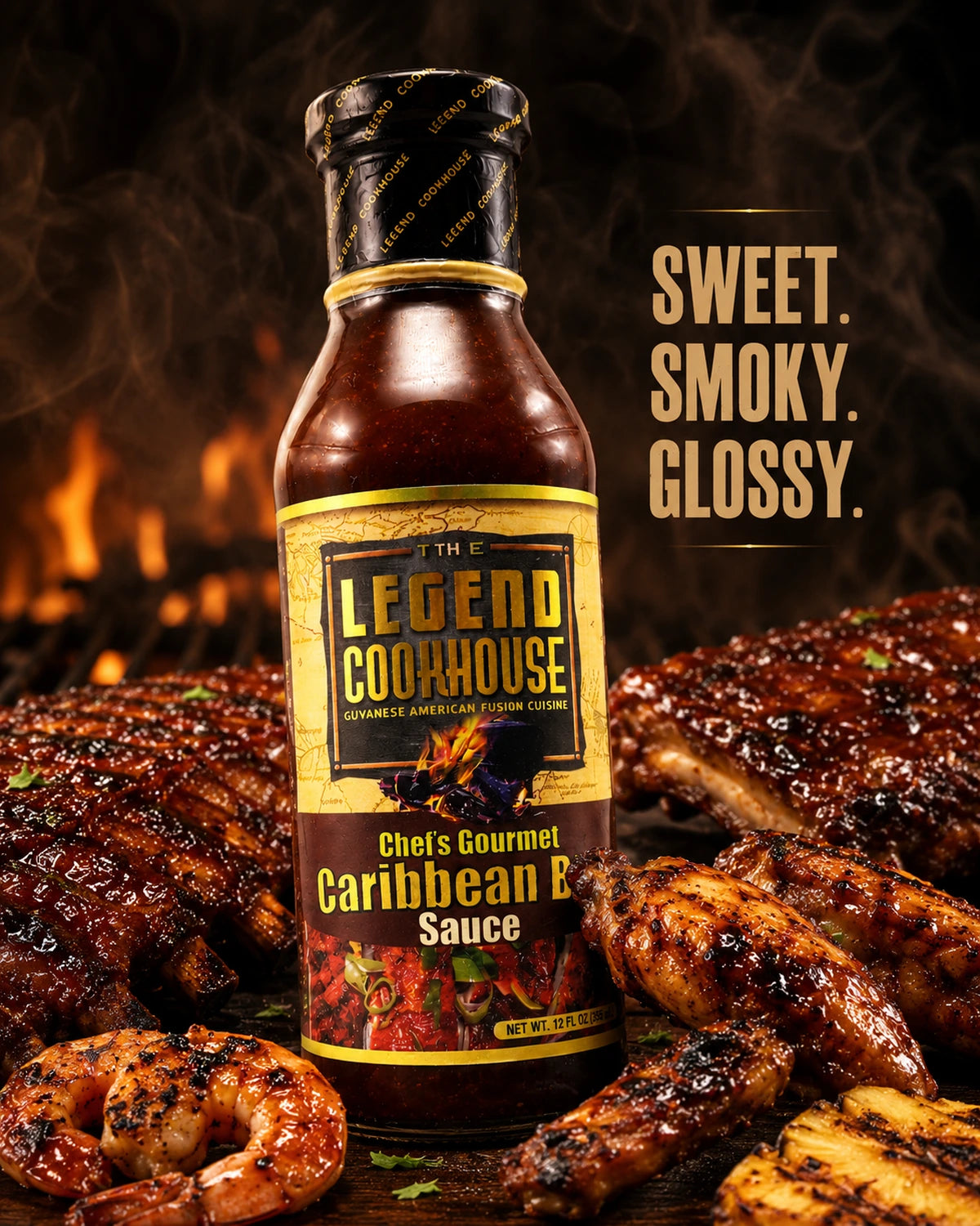 Legend Caribbean BBQ Sauce mobile hero image with bottle, glossy smoky glaze and warm island BBQ styling.