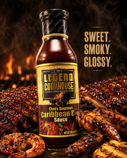 Legend Caribbean BBQ Sauce mobile hero image with bottle, glossy smoky glaze and warm island BBQ styling.