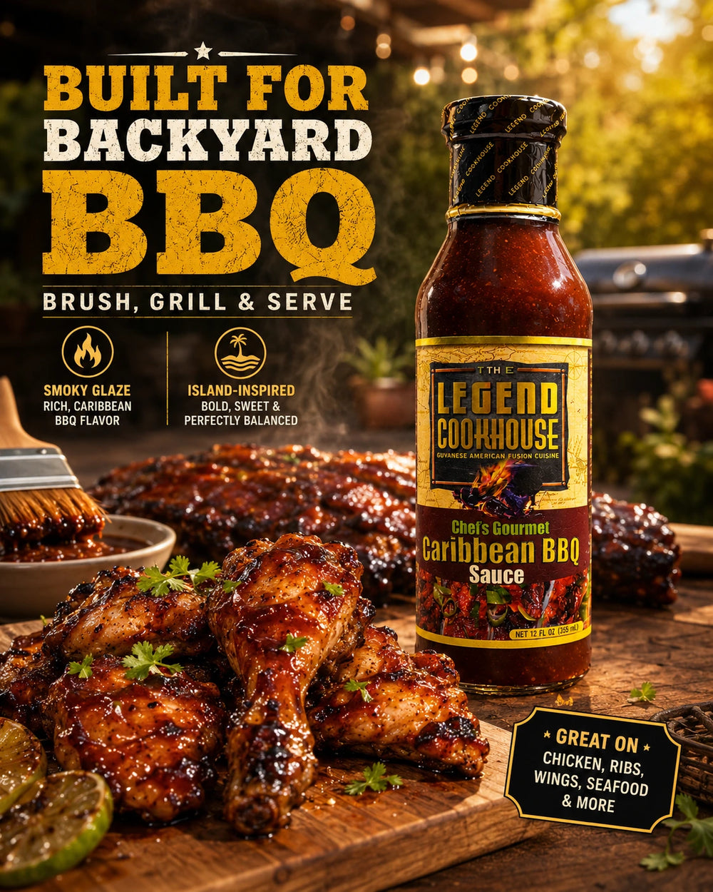 Legend Caribbean BBQ Sauce beside grilled BBQ food on an outdoor patio.