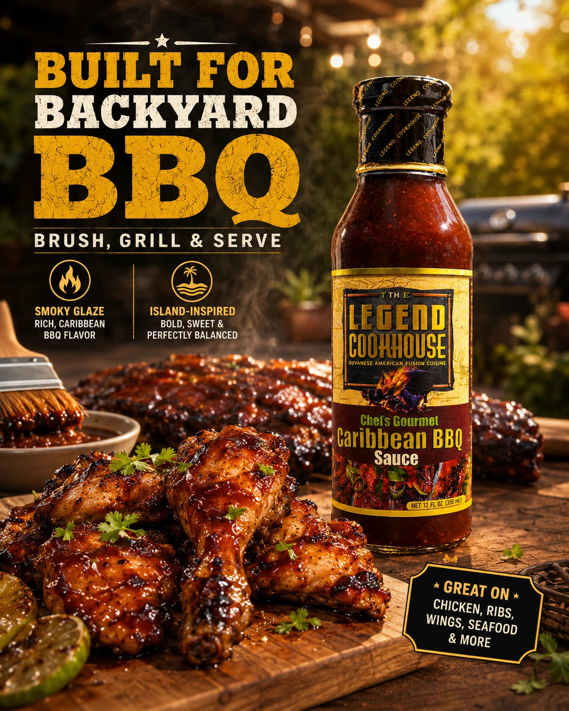 Legend Caribbean BBQ Sauce beside grilled BBQ food on an outdoor patio.