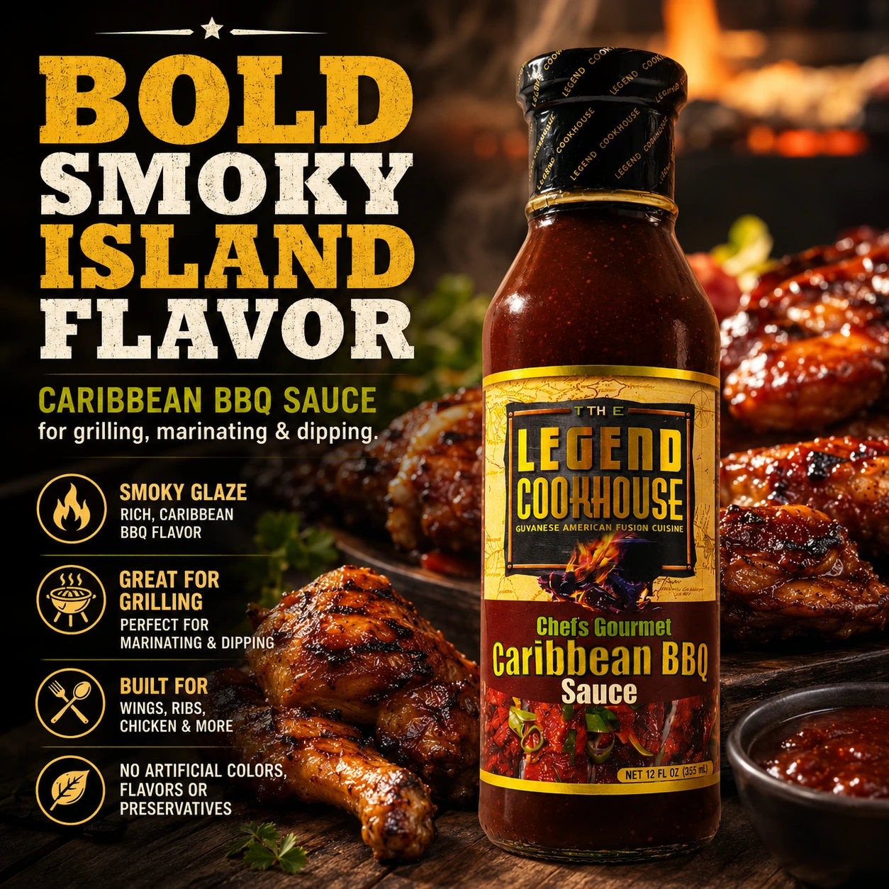 Legend Caribbean BBQ Sauce bottle with grilled BBQ chicken and rich smoky glaze.