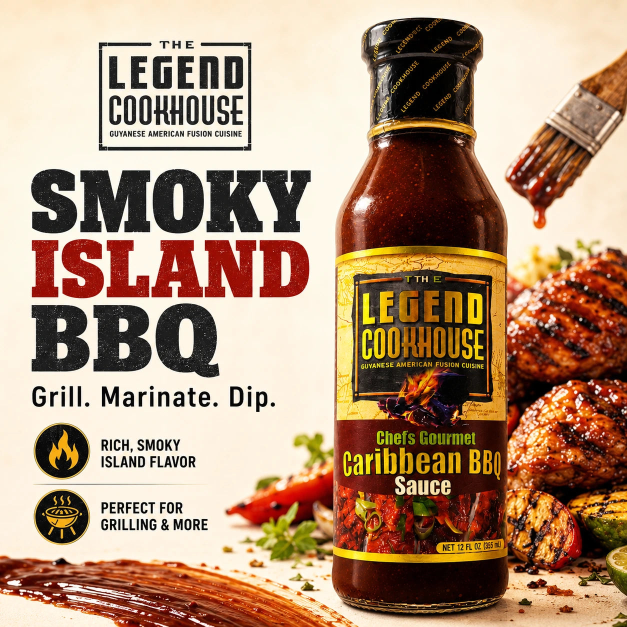 Legend Caribbean BBQ Sauce bottle with BBQ flavor cues for product listing.