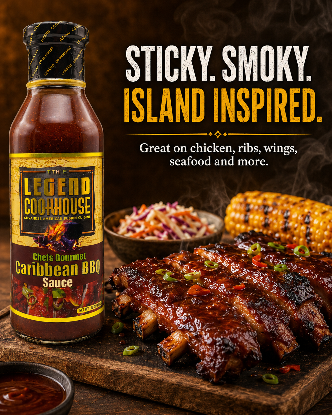 Close-up of Legend Caribbean BBQ Sauce glazing grilled chicken with rich smoky shine.