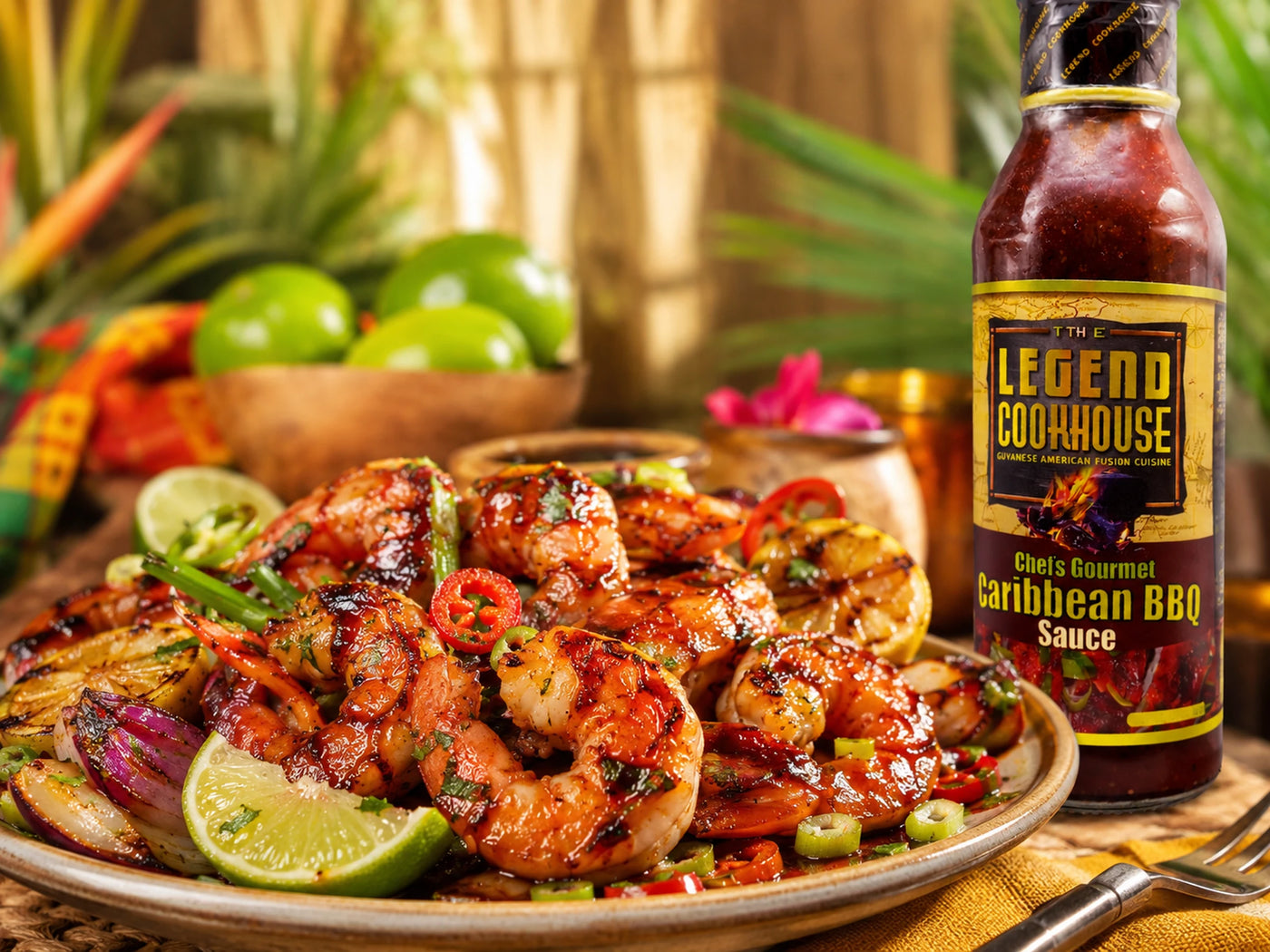 Legend Caribbean BBQ Sauce served with glossy grilled shrimp and colorful Caribbean-inspired sides.
