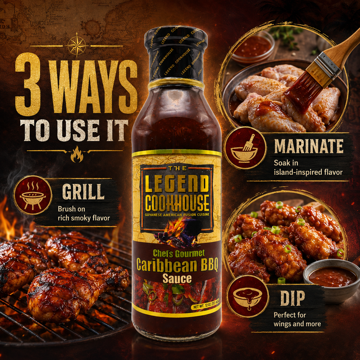 Legend Caribbean BBQ Sauce with three use ideas for grilling, marinating, and dipping.