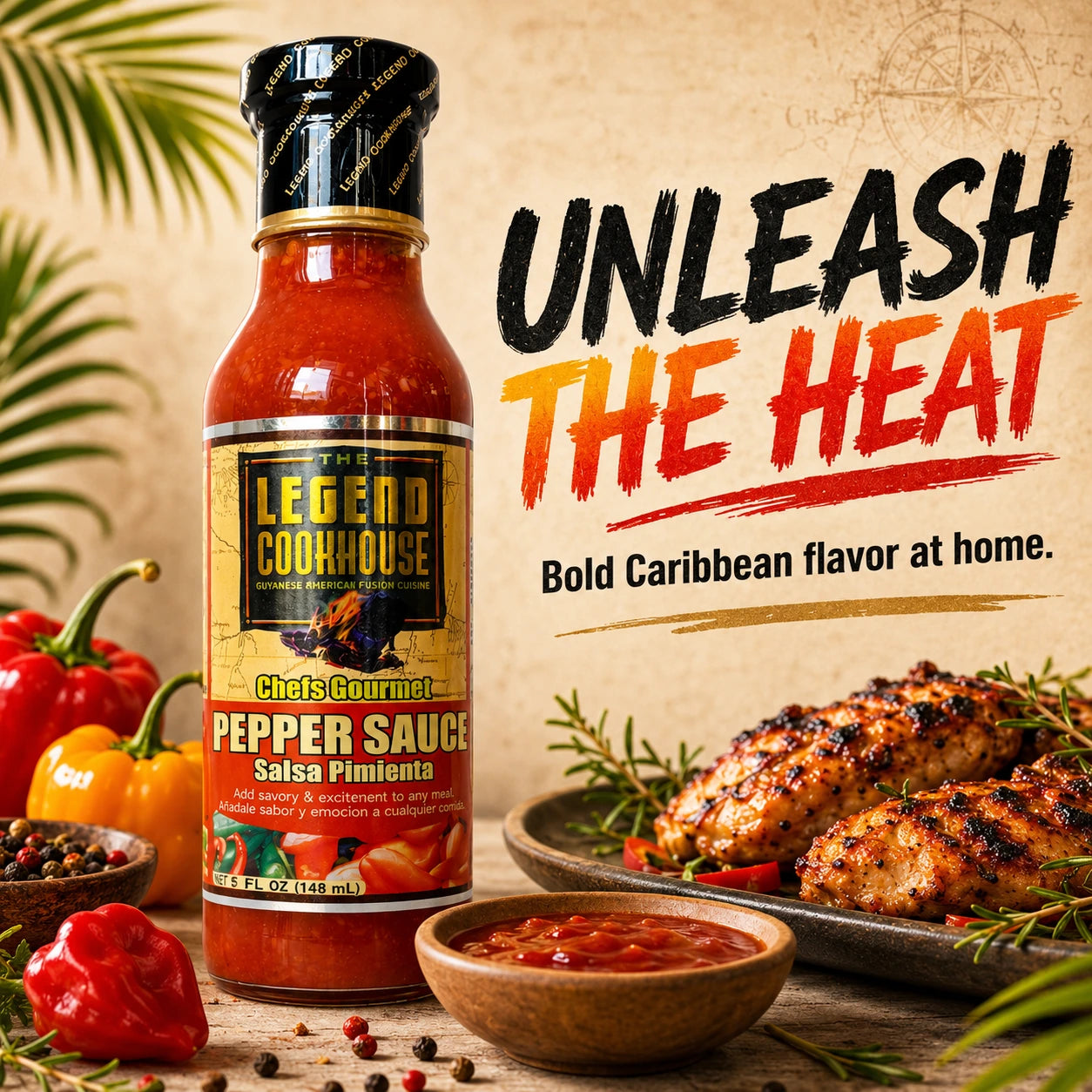 Legend Caribbean Hot Pepper Sauce with three use ideas such as grilled wings, rice bowls, and everyday meal finishing.