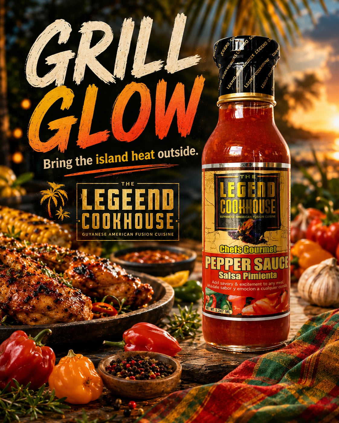 Legend Caribbean Hot Pepper Sauce bottle with grilled chicken and peppers in an outdoor grill scene.