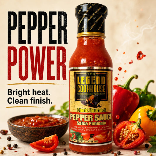 Legend Caribbean Hot Pepper Sauce bottle with fresh peppers, a sauce bowl, and grilled chicken on a warm cream background.