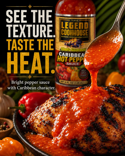 Close-up of Legend Caribbean Hot Pepper Sauce spooning over grilled food to show texture and color.