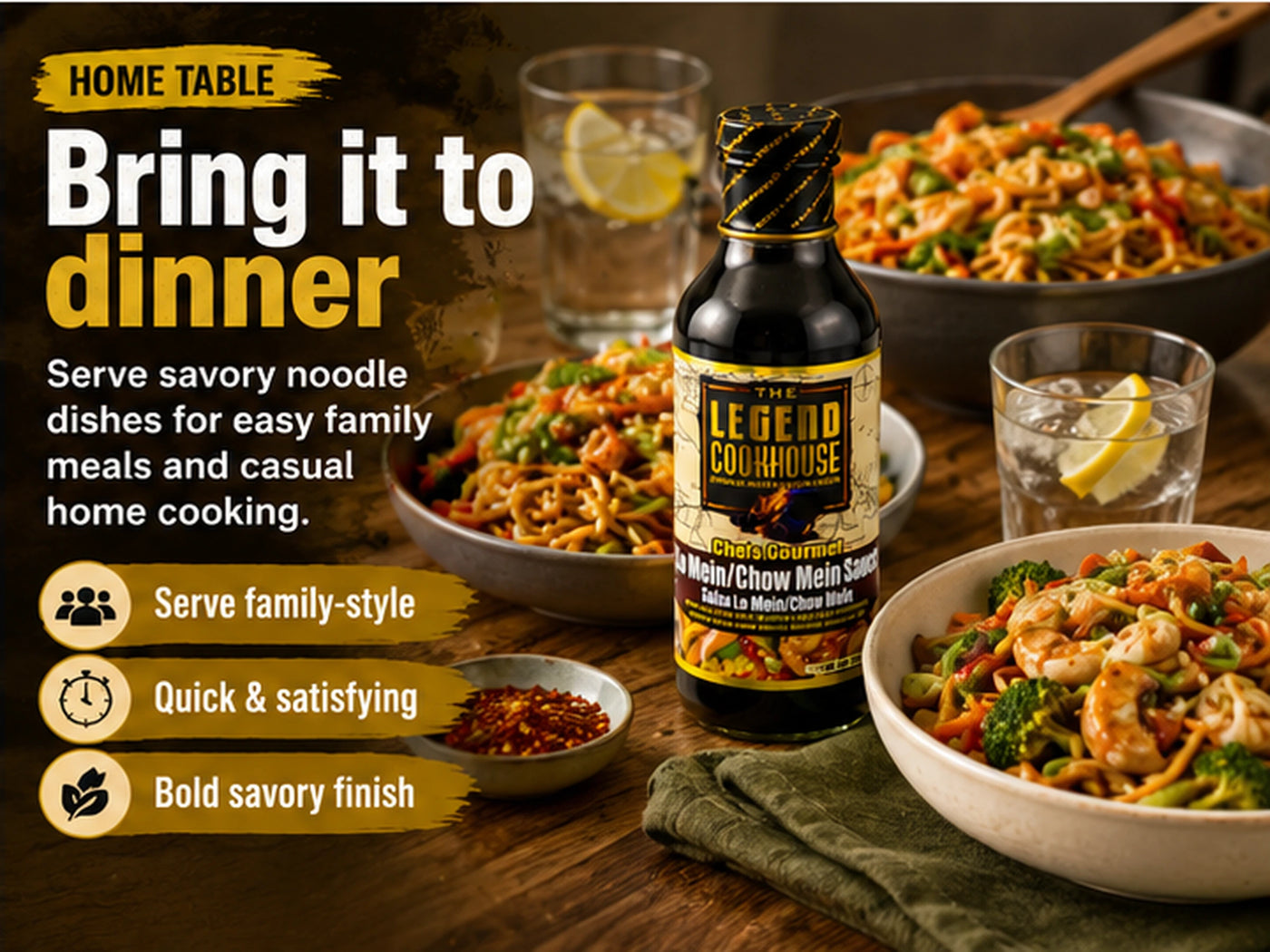 Legend Cookhouse Chow Mein and Lo Mein Sauce with a shared home noodle meal and baked bring it to dinner callouts.