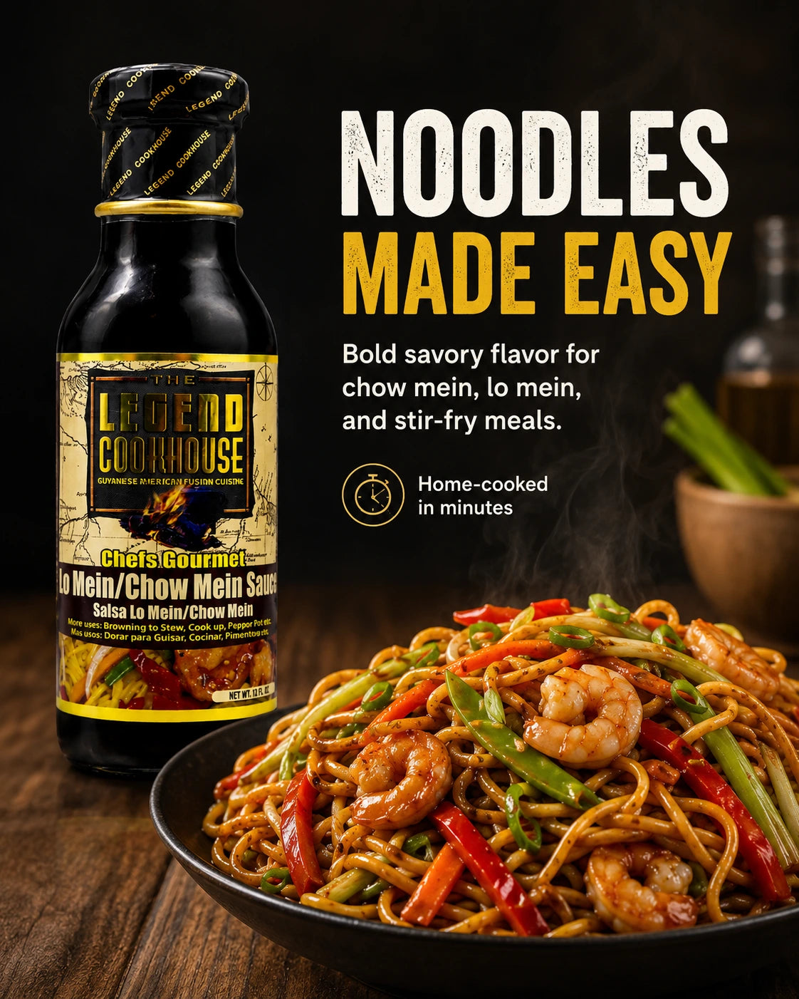 Mobile PDP hero image of Legend Cookhouse Chow Mein and Lo Mein Sauce with noodles, vegetables, shrimp, and noodles made easy callouts.