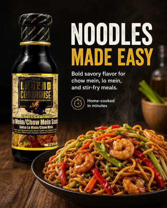 Mobile PDP hero image of Legend Cookhouse Chow Mein and Lo Mein Sauce with noodles, vegetables, shrimp, and noodles made easy callouts.