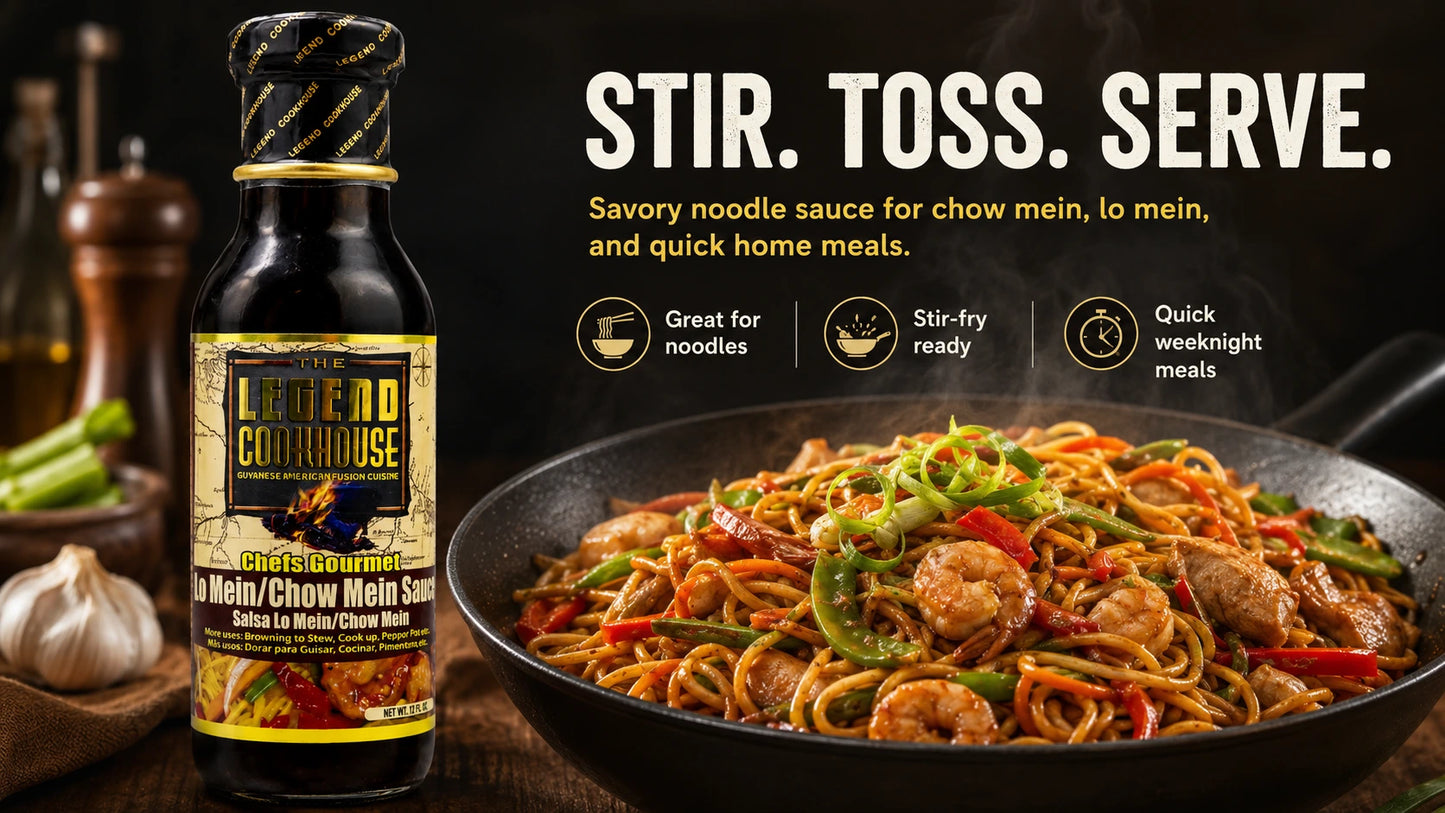 Legend Cookhouse Chow Mein and Lo Mein Sauce bottle with glossy noodles, vegetables, shrimp, and stir toss serve callouts in a wide desktop PDP hero.