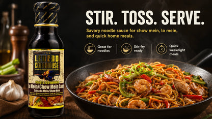 Legend Cookhouse Chow Mein and Lo Mein Sauce bottle with glossy noodles, vegetables, shrimp, and stir toss serve callouts in a wide desktop PDP hero.