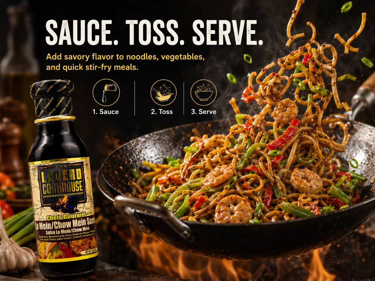 Legend Cookhouse Chow Mein and Lo Mein Sauce used in a sauce toss serve wok action scene with noodles, vegetables, shrimp, and savory stir-fry movement.