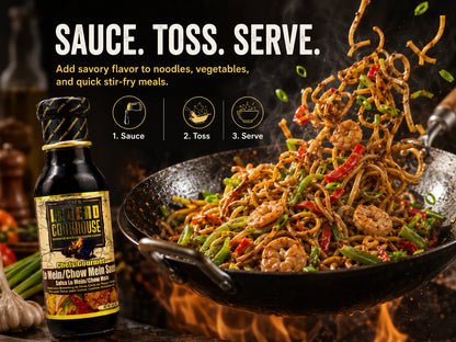Legend Cookhouse Chow Mein and Lo Mein Sauce used in a sauce toss serve wok action scene with noodles, vegetables, shrimp, and savory stir-fry movement.