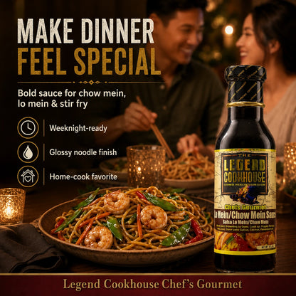 Lifestyle infographic showing a plated noodle dish and the Legend Cookhouse Lo Mein Chow Mein Sauce bottle on a dinner table with a smiling couple in the background and weeknight-ready callouts.