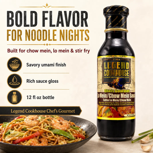 Legend Cookhouse Chef’s Gourmet Lo Mein Chow Mein Sauce 12 fl oz bottle beside a plated shrimp noodle dish on a cream background with flavor callouts for chow mein, lo mein and stir fry.