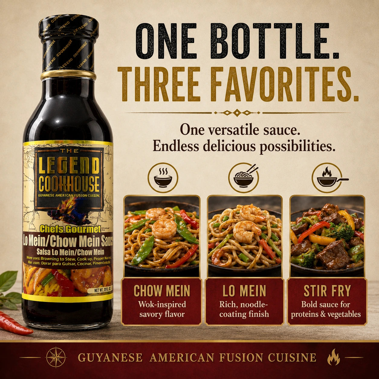 Legend Cookhouse Lo Mein Chow Mein Sauce bottle with three dish panels for chow mein, lo mein and stir fry on a cream background.