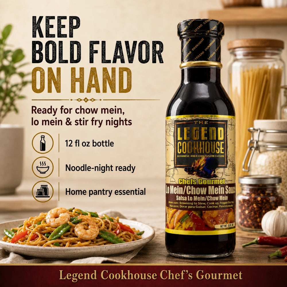 Legend Cookhouse Lo Mein Chow Mein Sauce bottle in a pantry-style kitchen setting with a plated noodle dish and callouts for 12 fl oz bottle, noodle-night ready and home pantry essential.