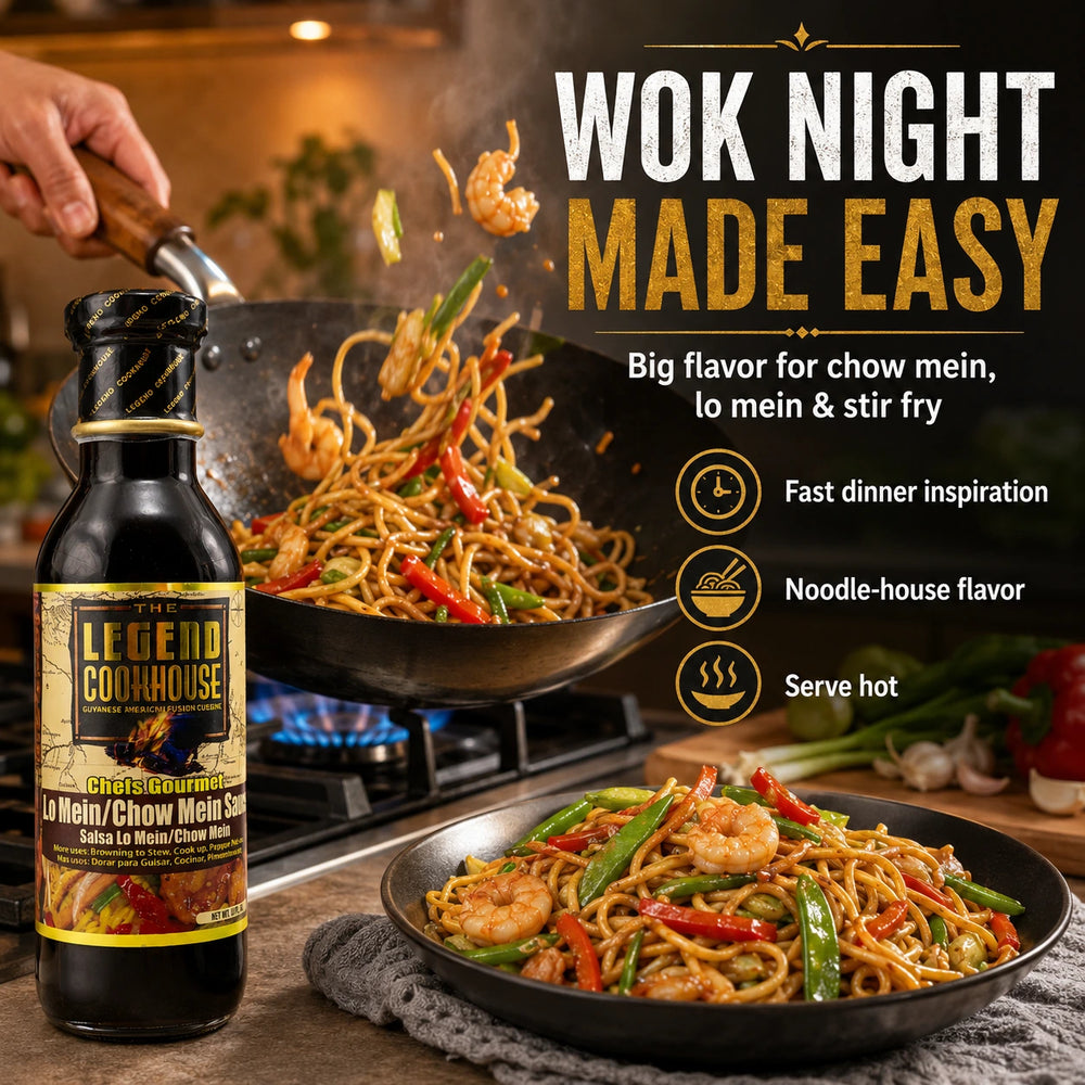 Legend Cookhouse Lo Mein Chow Mein Sauce bottle with wok-tossed noodles in a kitchen setting and callouts for fast dinner inspiration, noodle-house flavor and serve hot.