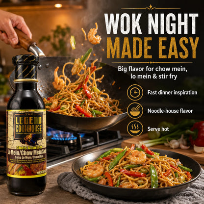 Legend Cookhouse Lo Mein Chow Mein Sauce bottle with wok-tossed noodles in a kitchen setting and callouts for fast dinner inspiration, noodle-house flavor and serve hot.