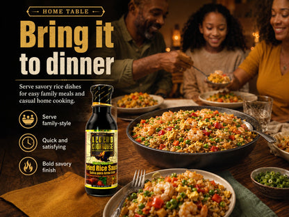 Fried Rice Sauce bottle on a home dinner table with family-style fried rice serving and Bring it to dinner callouts.