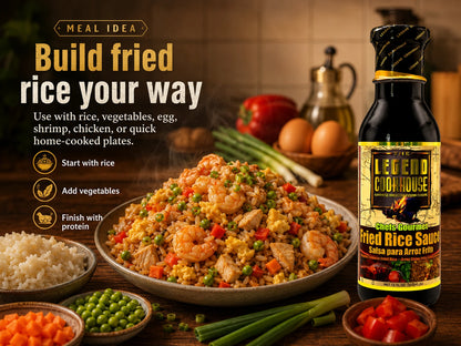 Fried Rice Sauce bottle with fried rice ingredients and Build fried rice your way meal idea callouts for rice, vegetables, and protein.