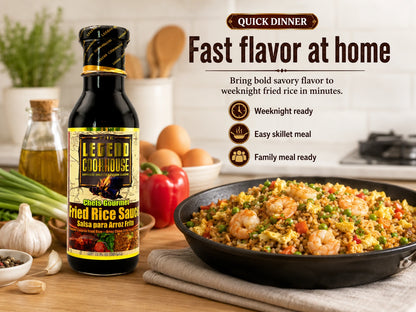 Fried Rice Sauce bottle in a bright kitchen with shrimp fried rice skillet and Quick Dinner Fast flavor at home callouts.