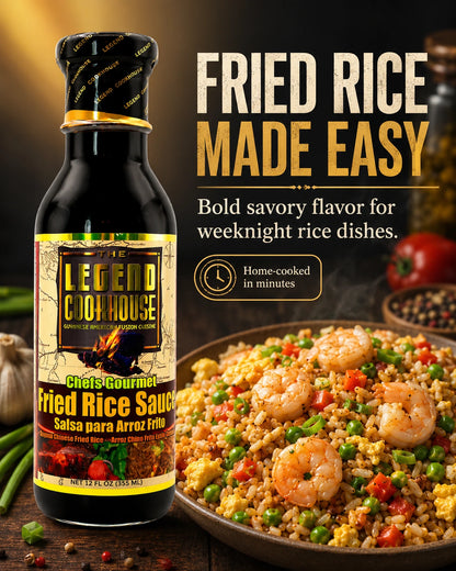 Legend Cookhouse Fried Rice Sauce 12 oz bottle with plated shrimp fried rice and FRIED RICE MADE EASY message for weeknight rice dishes.