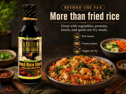 Fried Rice Sauce bottle with fried rice bowl and Beyond the Pan message for rice bowls, protein plates, and veggie stir-fry.