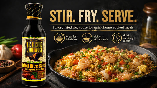Legend Cookhouse Fried Rice Sauce bottle beside a skillet of shrimp fried rice with STIR. FRY. SERVE. headline and quick weeknight meal callouts.